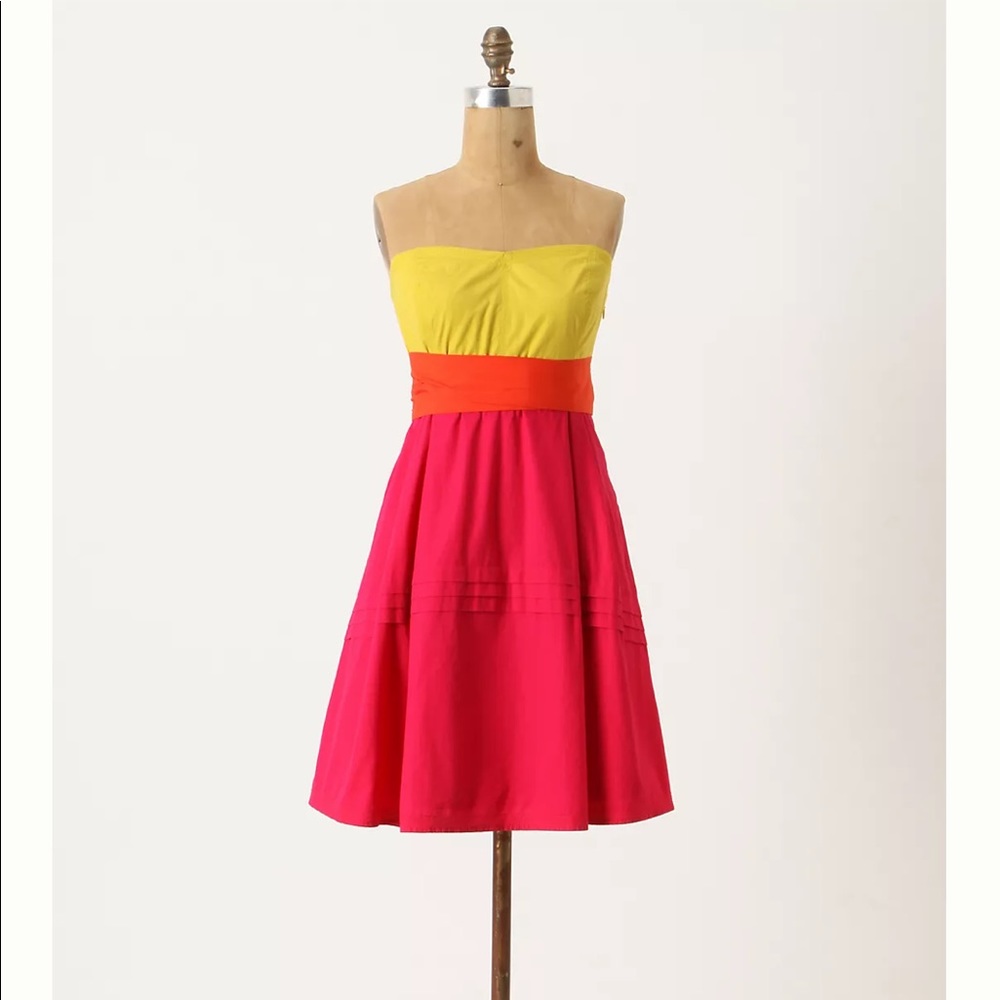 Maeve Anthro Parading Hues Colorblock Orange Yellow Pink Strapless Dress
